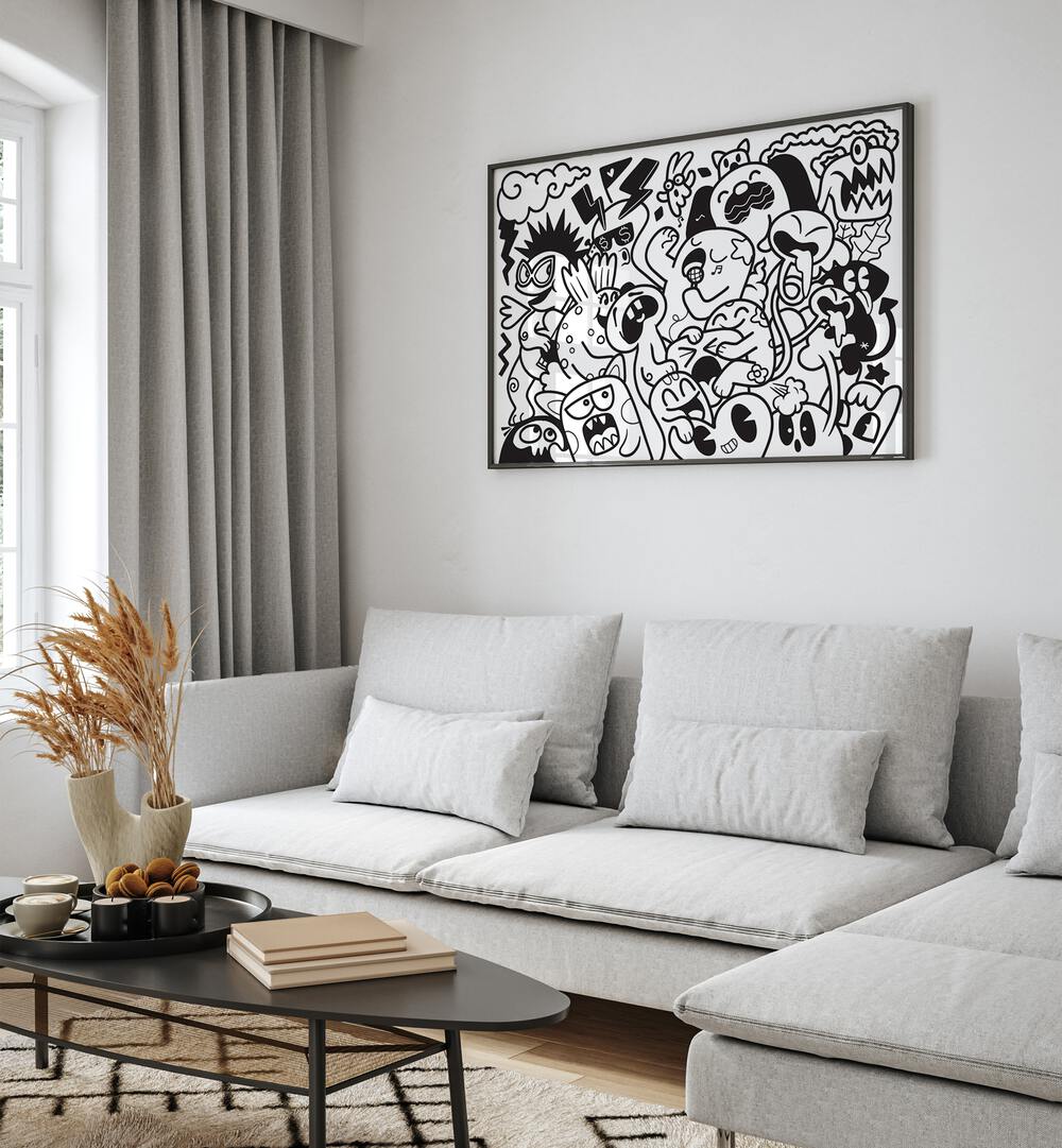 Zoodle Zoo  Doodle Art Painting in Black Plain Frame placed on white wall behind a sofa