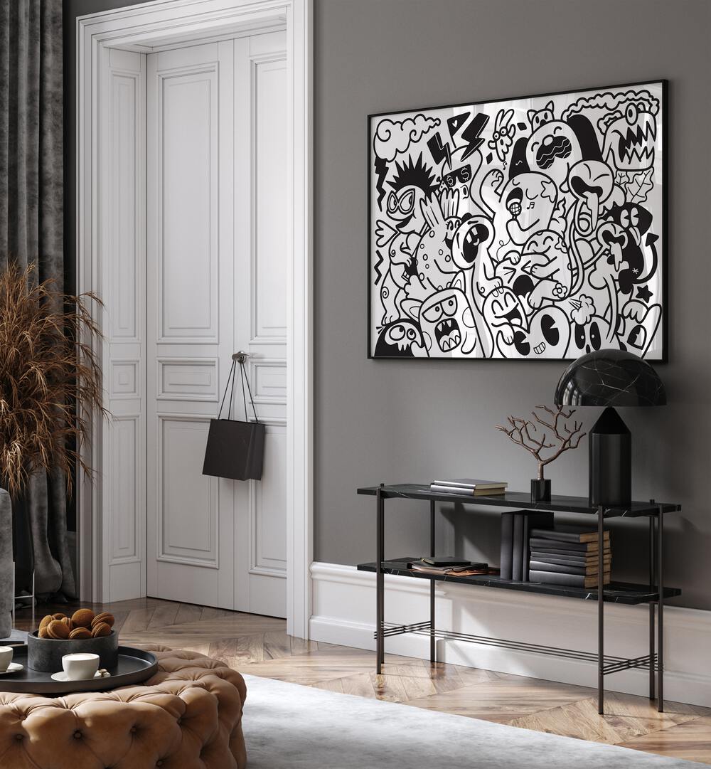 Zoodle Zoo  Doodle Art Painting in Black Plain Frame placed on wall behind a black table and beside a door