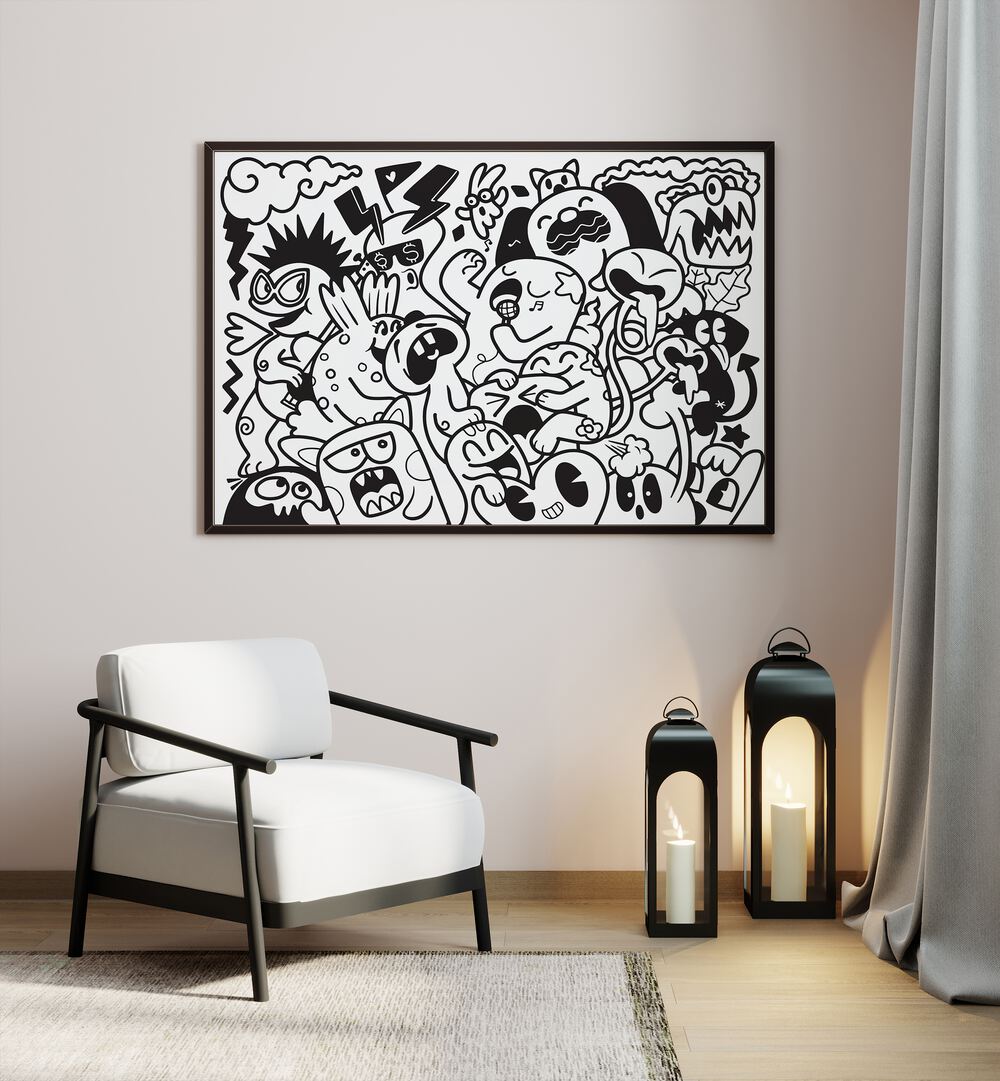 Zoodle Zoo  Doodle Art Painting in Black Plain Frame placed on a wall behind a chair