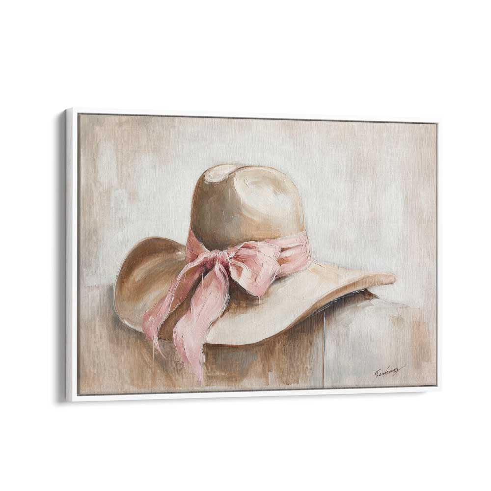 a beige hat I electric wall art prints in White Floater Frame