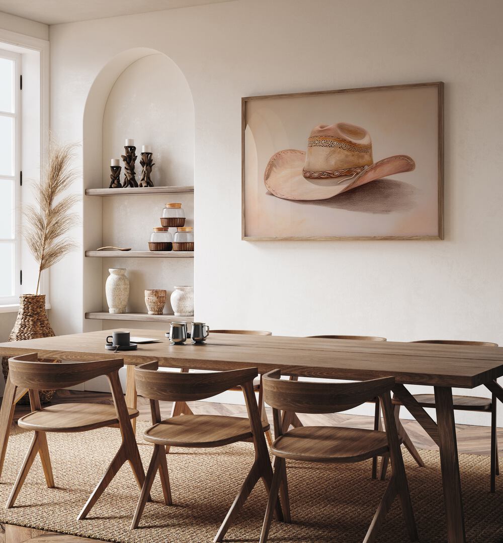 Stylish wall art featuring "A BEIGE HAT III, VIBRANT" enhances any modern decor beautifully.