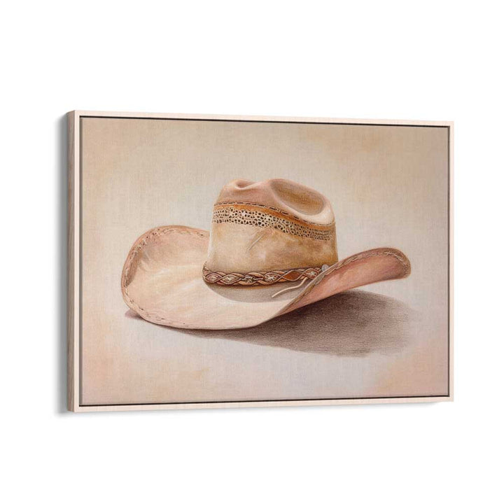 a beige hat III electric wall art prints in Oak Wood Floater Frame