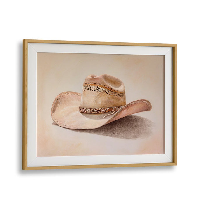 a beige hat III electric wall art prints in Oak Wood Frame With Mount