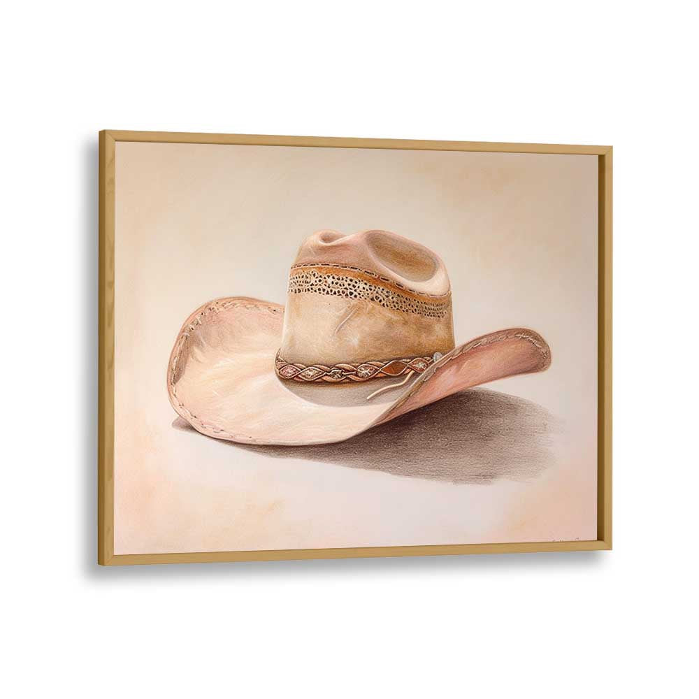 a beige hat III electric wall art prints in Oak Wood Plain Frame