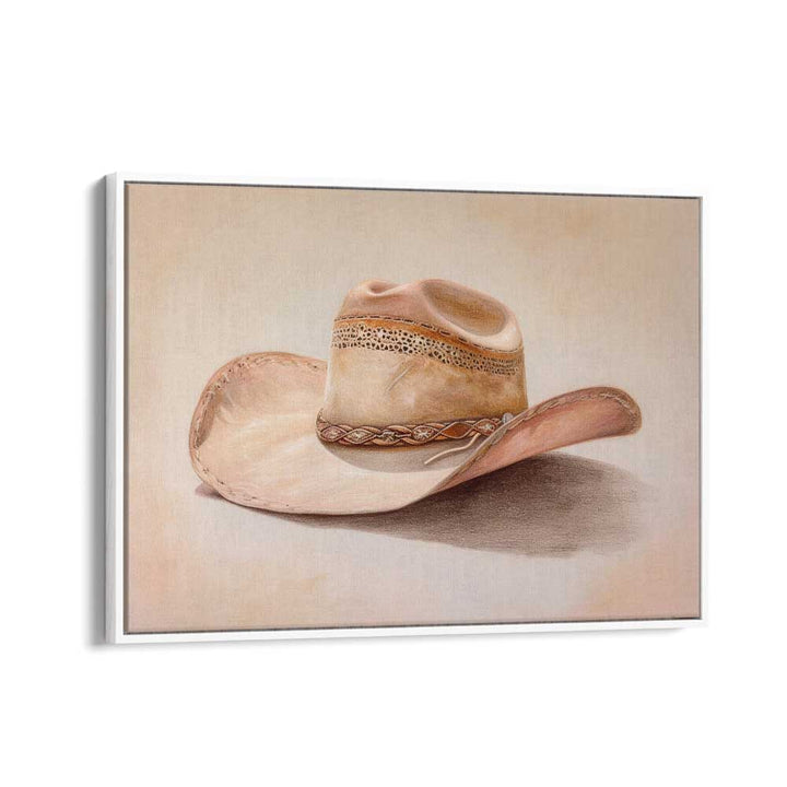 a beige hat III electric wall art prints in White Floater Frame