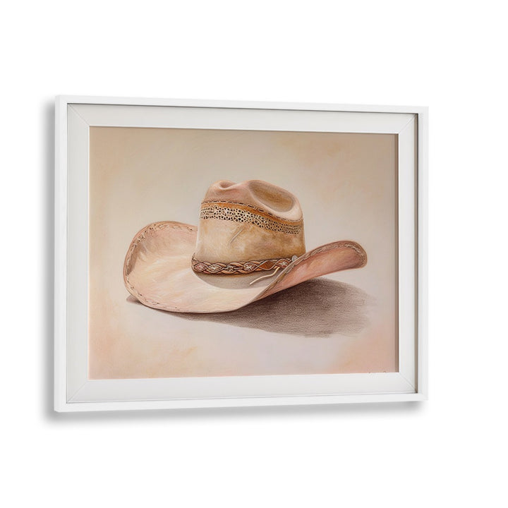 a beige hat III electric wall art prints in White Frame With Mount