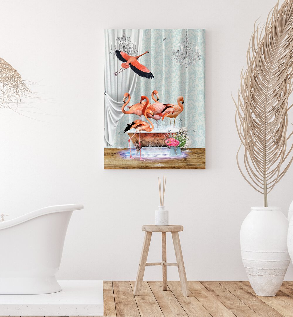 a flurry of flamingos a bubbles by sue skellern wall art prints Artwork VI placed on a wall