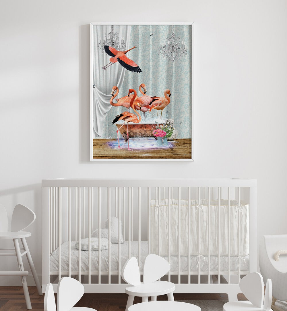 a flurry of flamingos a bubbles by sue skellern wall art prints Artwork II placed on a wall