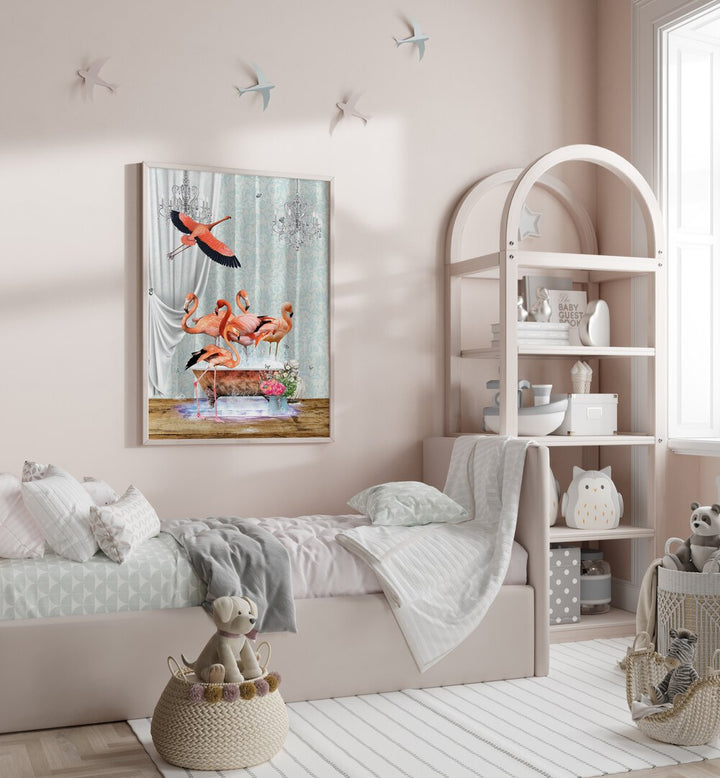 a flurry of flamingos a bubbles by sue skellern wall art prints Artwork II placed on a wall