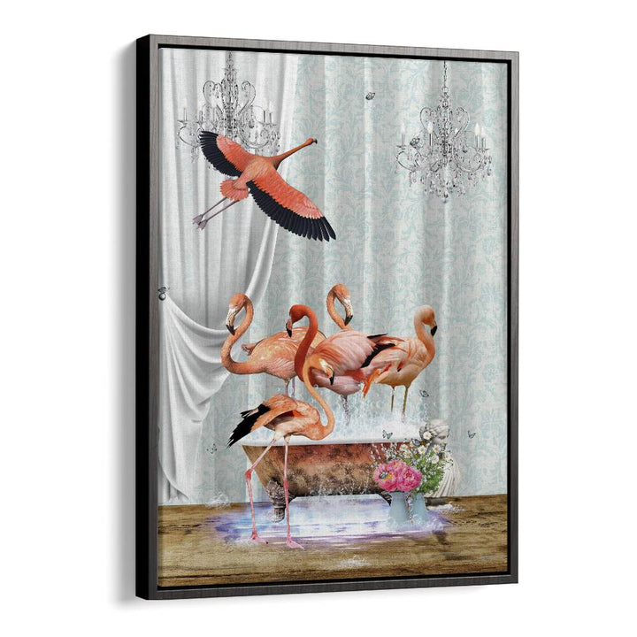 a flurry of flamingos a bubbles by sue skellern wall art prints in Black Floater Frame