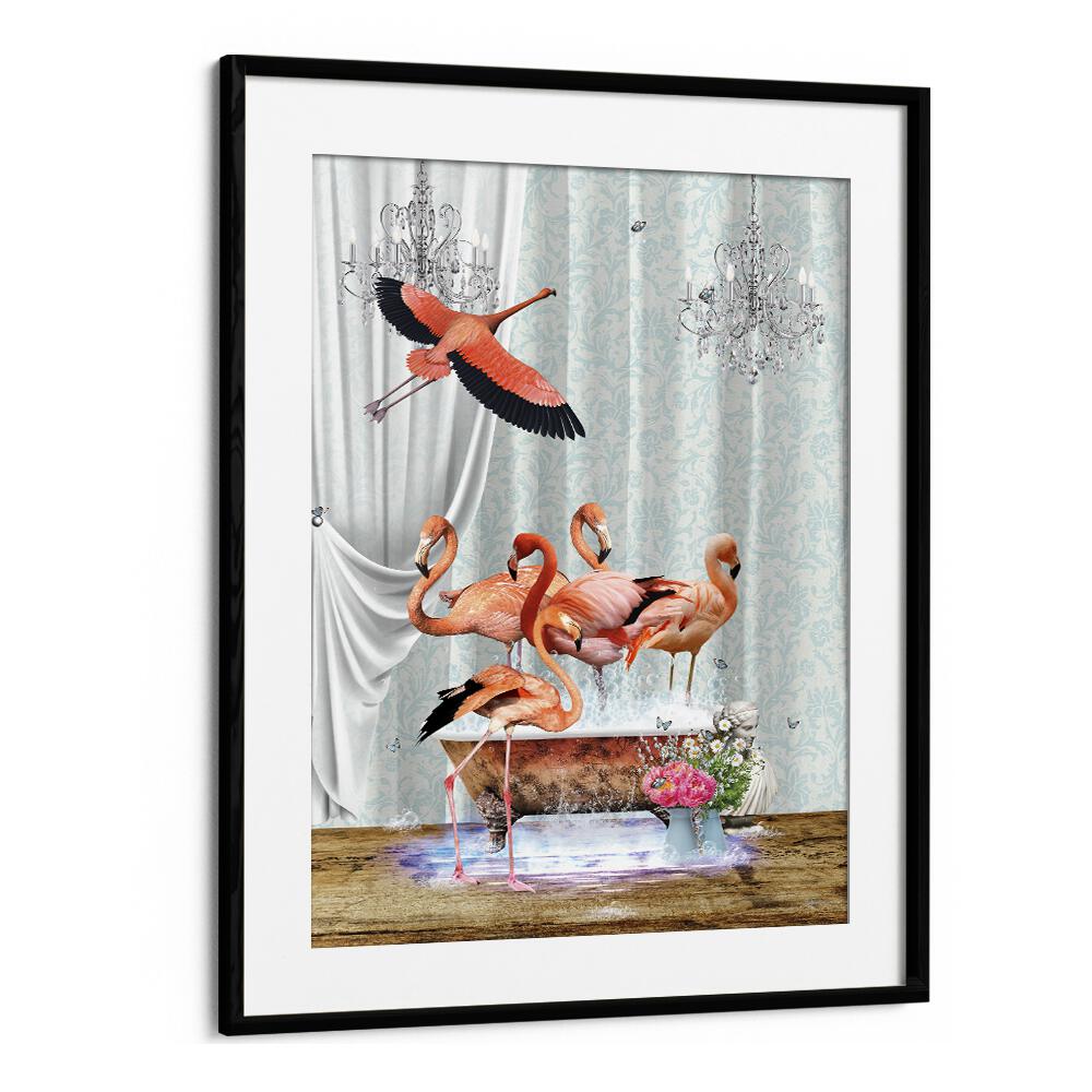 a flurry of flamingos a bubbles by sue skellern wall art prints in Black Frame With Mount