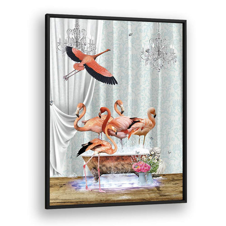 a flurry of flamingos a bubbles by sue skellern wall art prints in Black Plain Frame