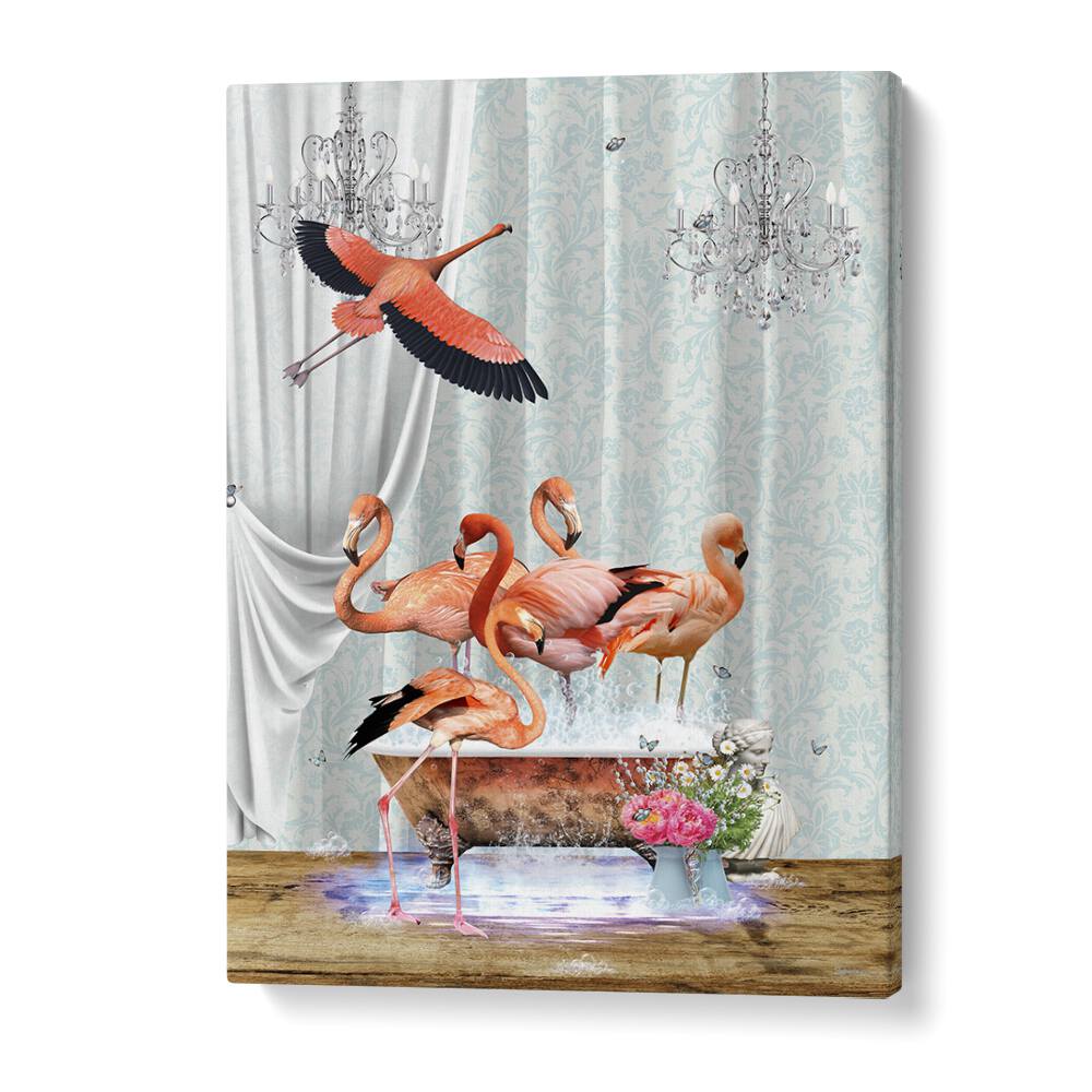 a flurry of flamingos a bubbles by sue skellern wall art prints in Gallery Wrap