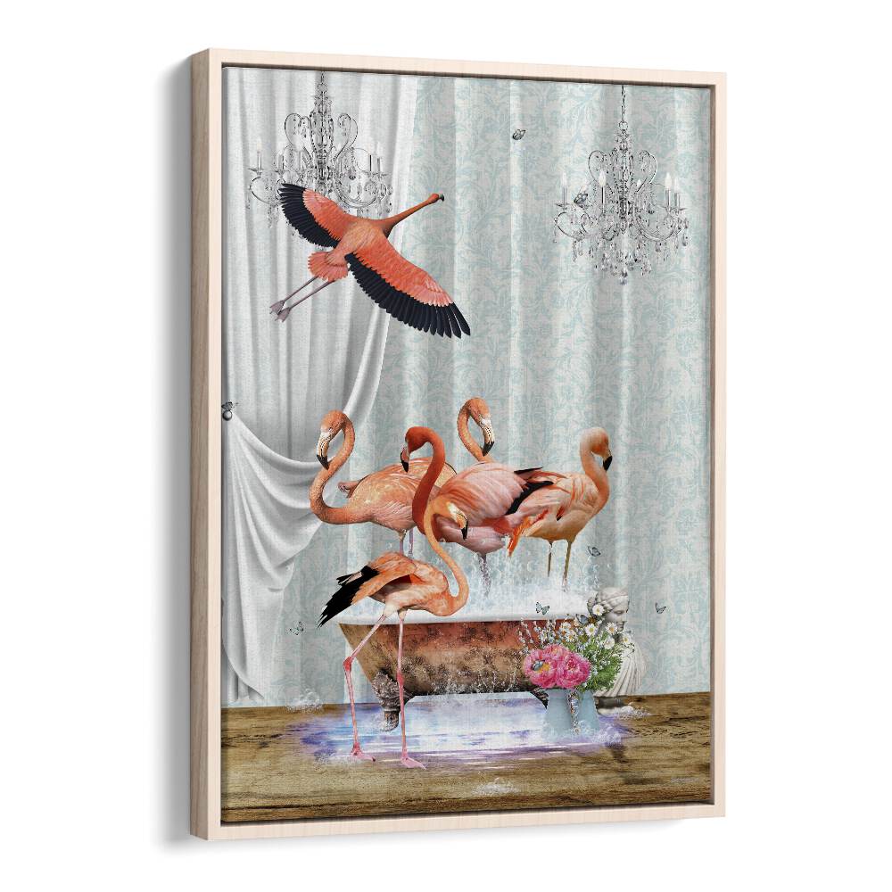 a flurry of flamingos a bubbles by sue skellern wall art prints in Oak Wood Floater Frame