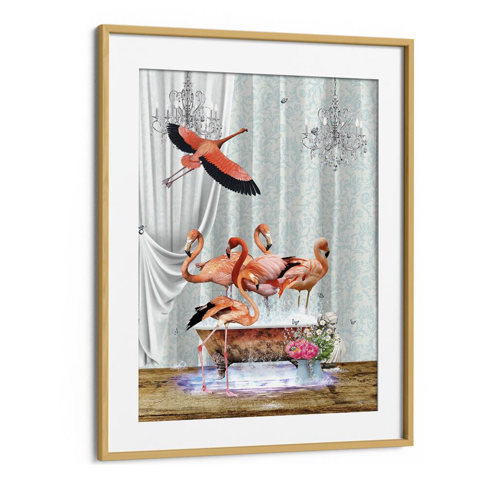 a flurry of flamingos a bubbles by sue skellern wall art prints in Oak Wood Frame With Mount