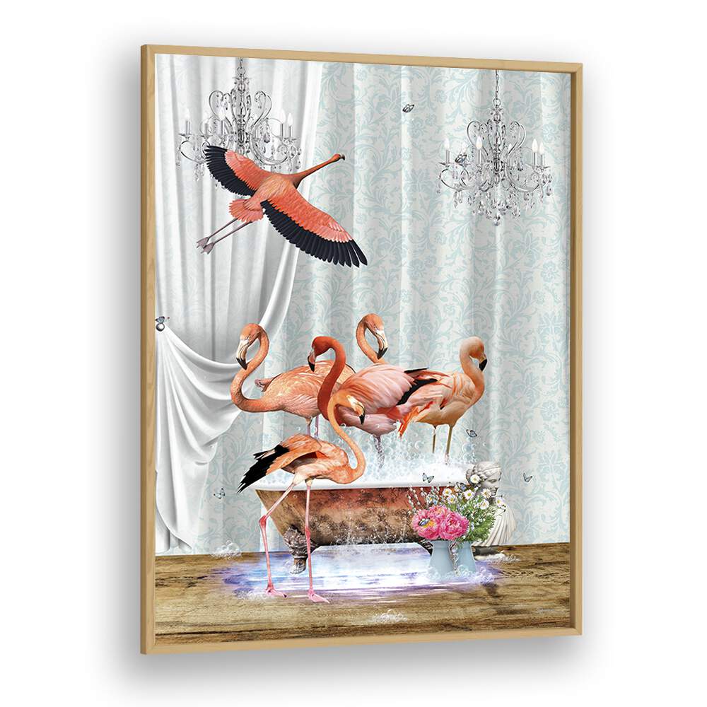 a flurry of flamingos a bubbles by sue skellern wall art prints in Oak Wood Plain Frame