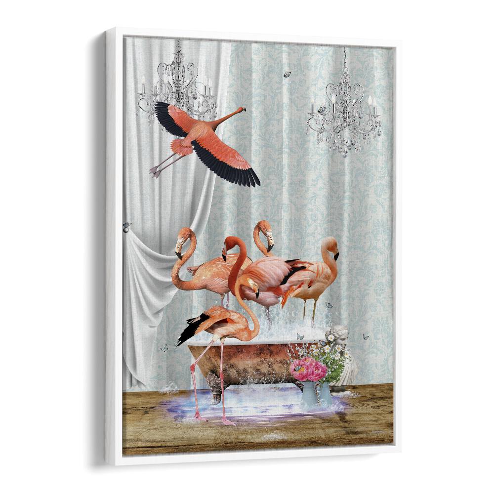 a flurry of flamingos a bubbles by sue skellern wall art prints in White Floater Frame