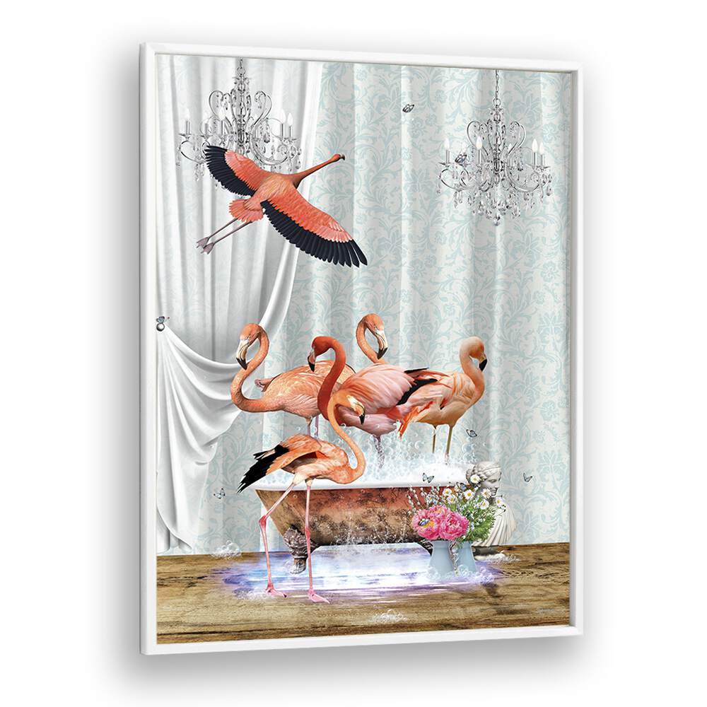 a flurry of flamingos a bubbles by sue skellern wall art prints in White Plain Frame