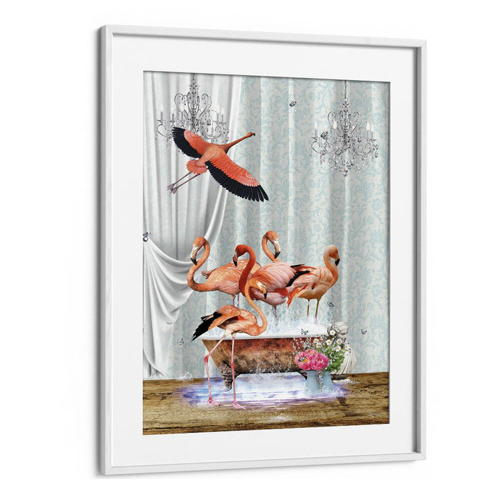 a flurry of flamingos a bubblesby sue skellern wall art prints in White Frame With Mount