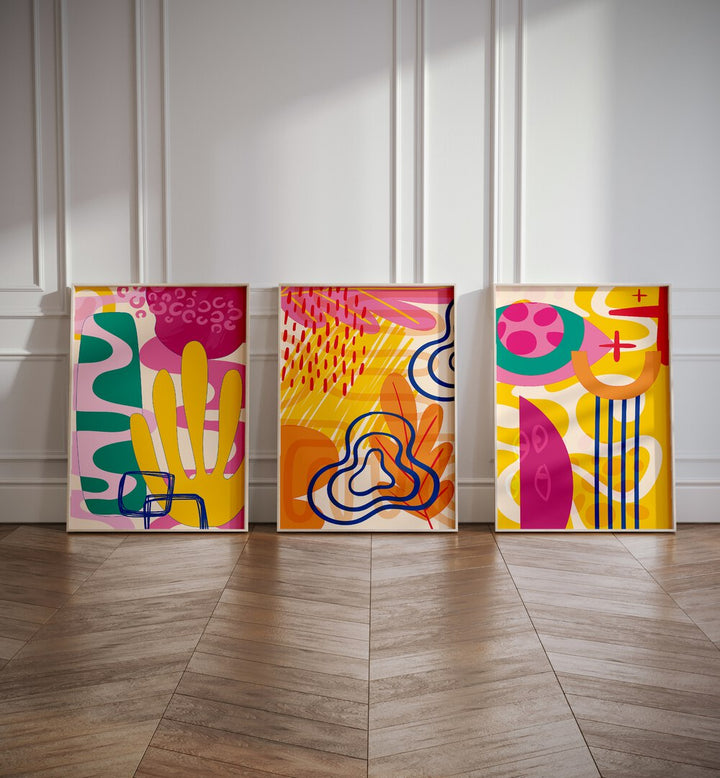 abstract modern pastels  set of 3  placed on a wall