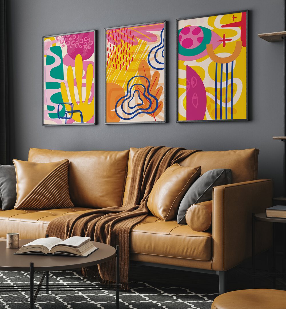 abstract modern pastels  set of 3  placed on a wall