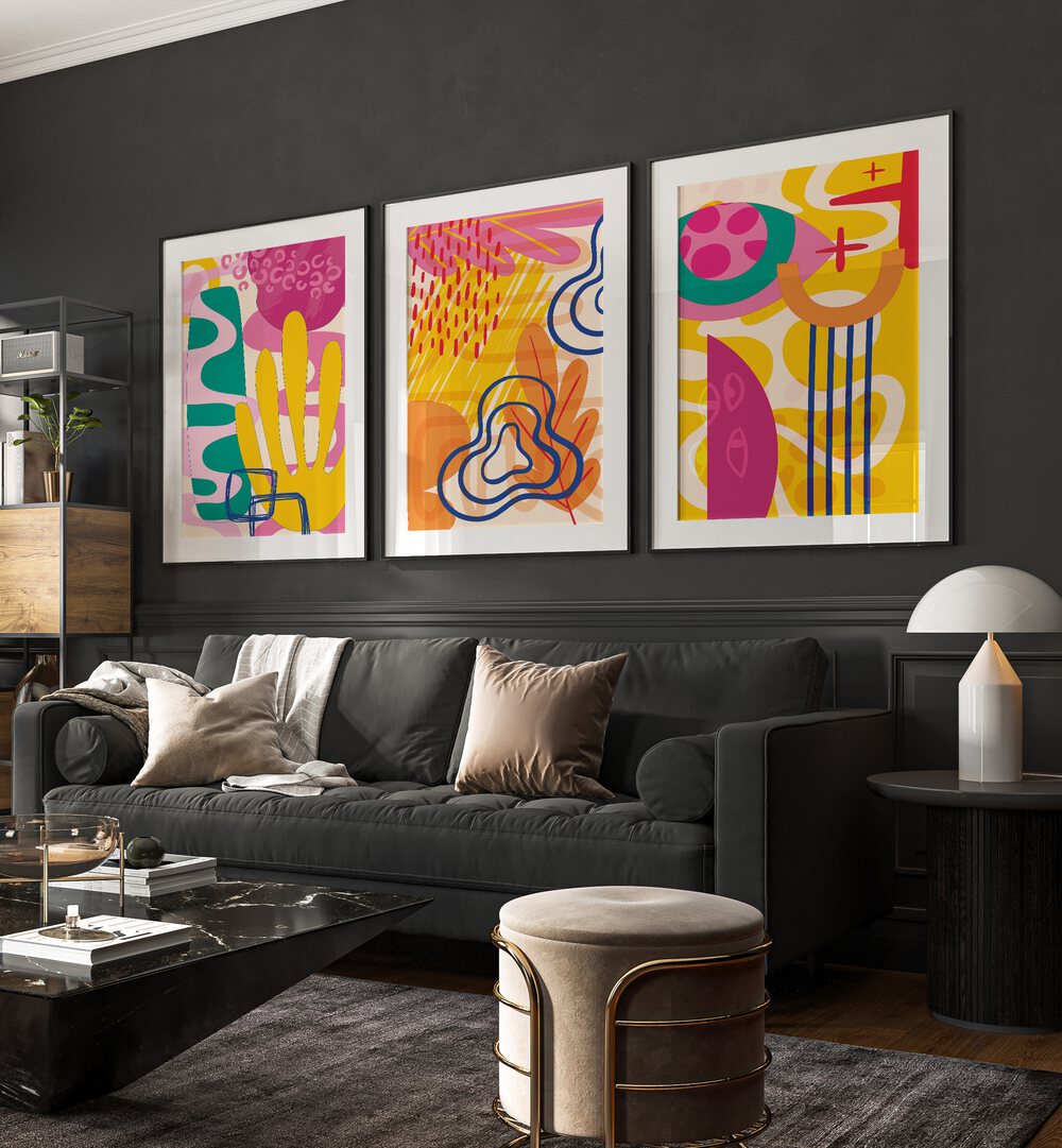 abstract modern pastels  set of 3  placed on a wall
