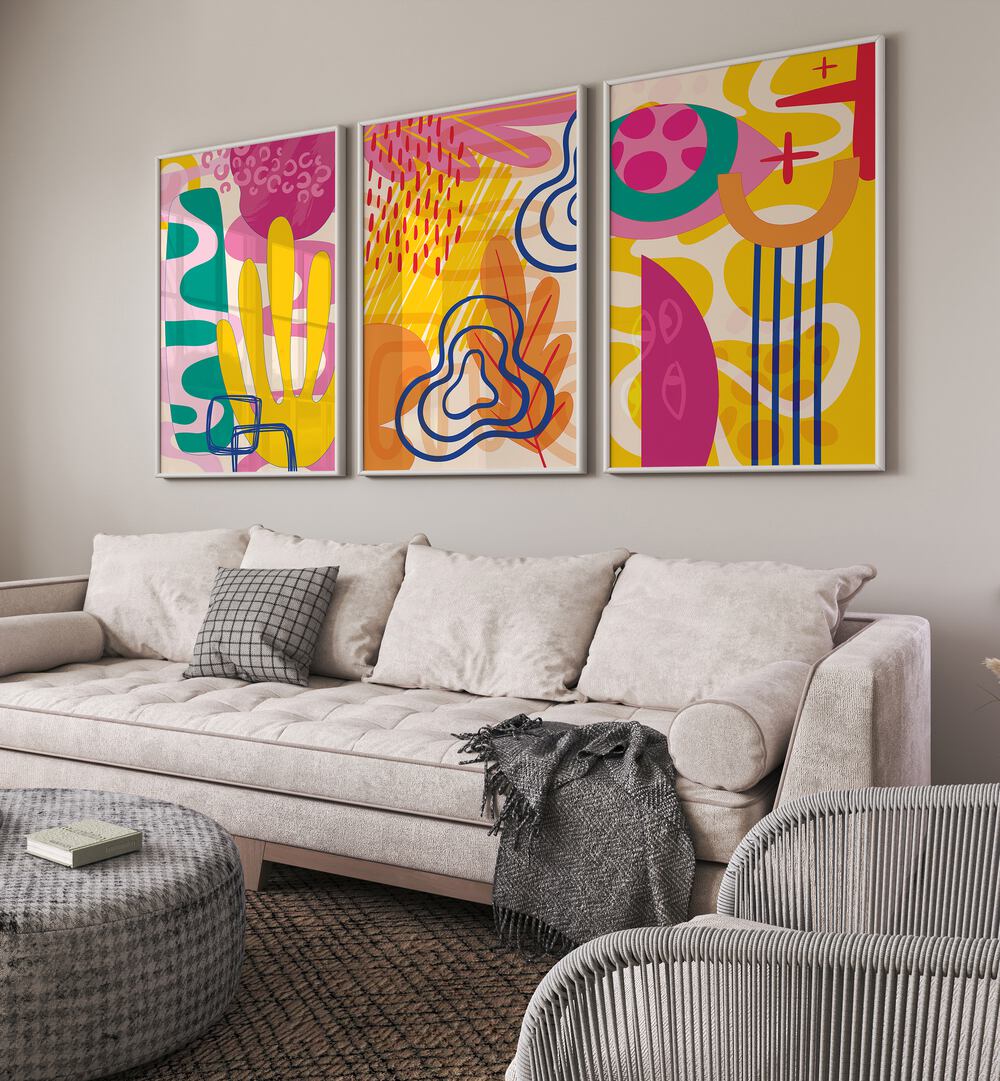 abstract modern pastels  set of 3  placed on a wall