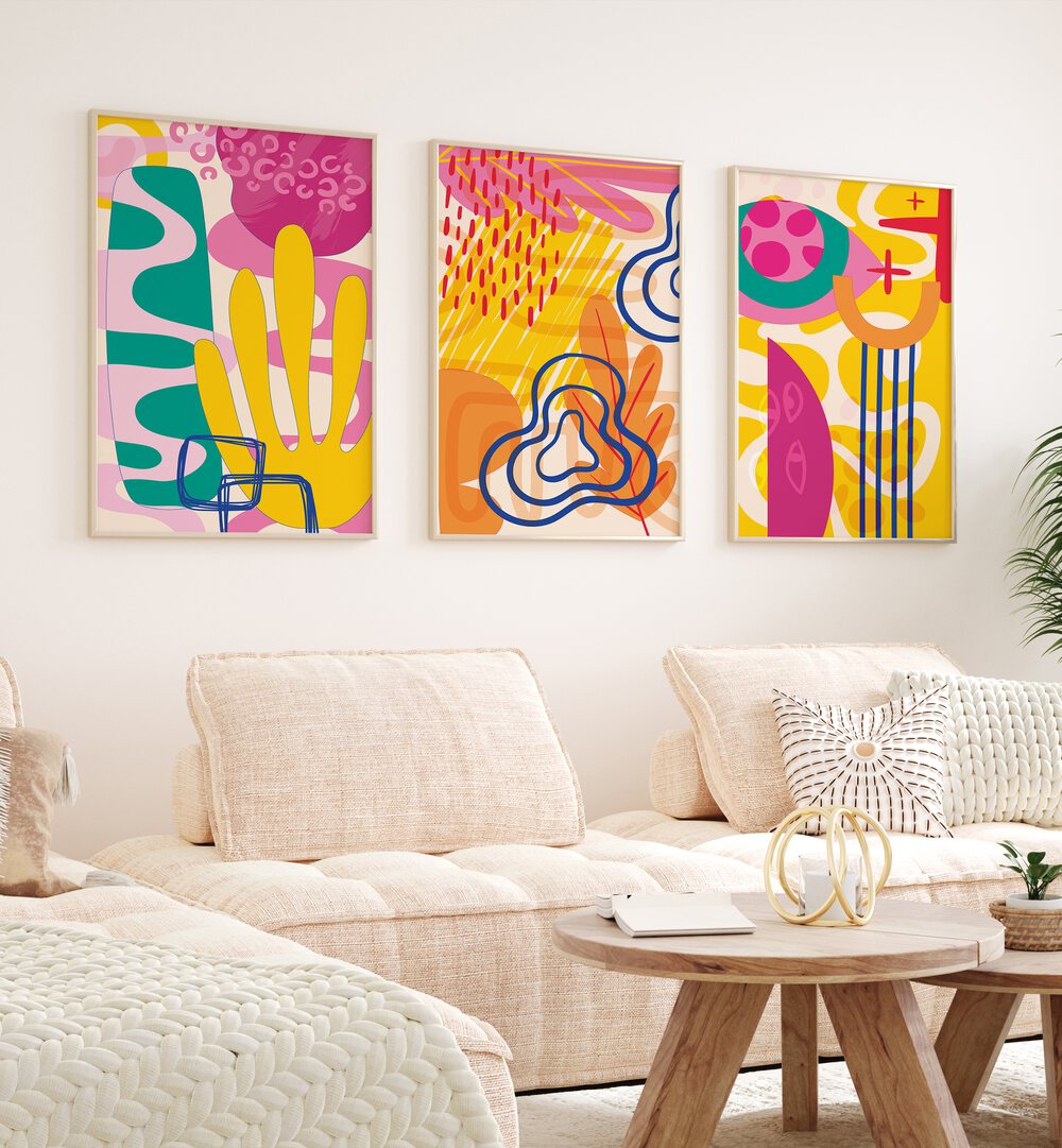 abstract modern pastels  set of 3  placed on a wall