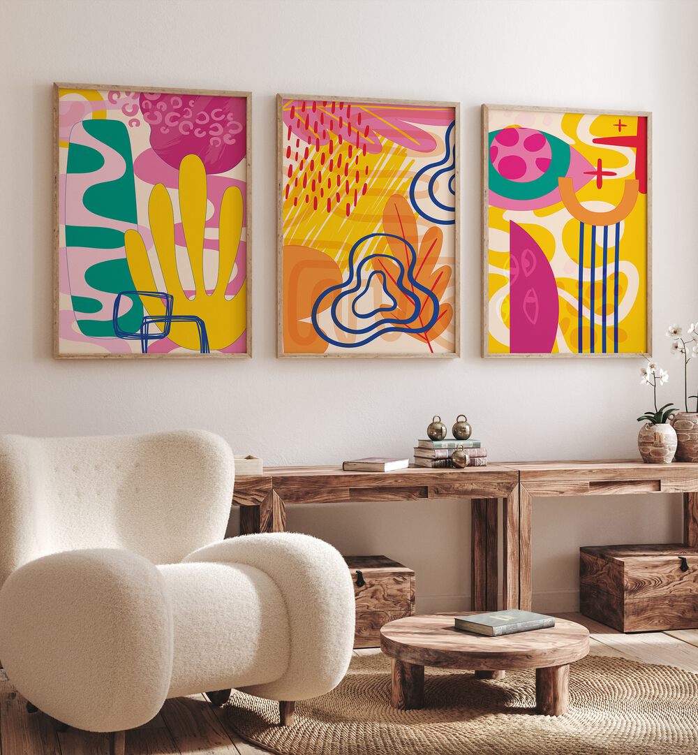 Bright and playful, the ABSTRACT MODERN PASTELS, SET OF 3 PAINTINGS adds vibrant elegance to your decor.