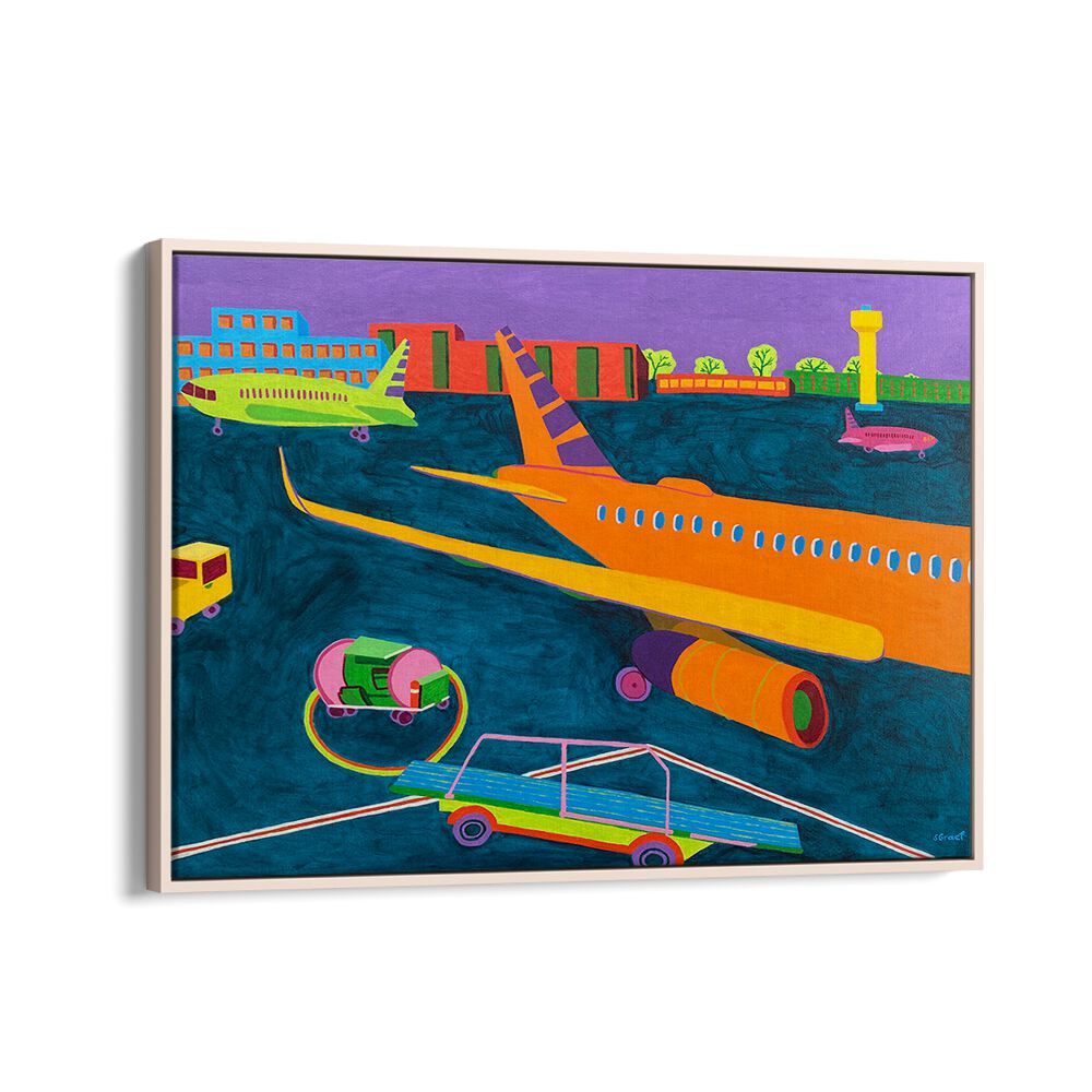 airport landscape art prints in Oak Wood Floater Frame