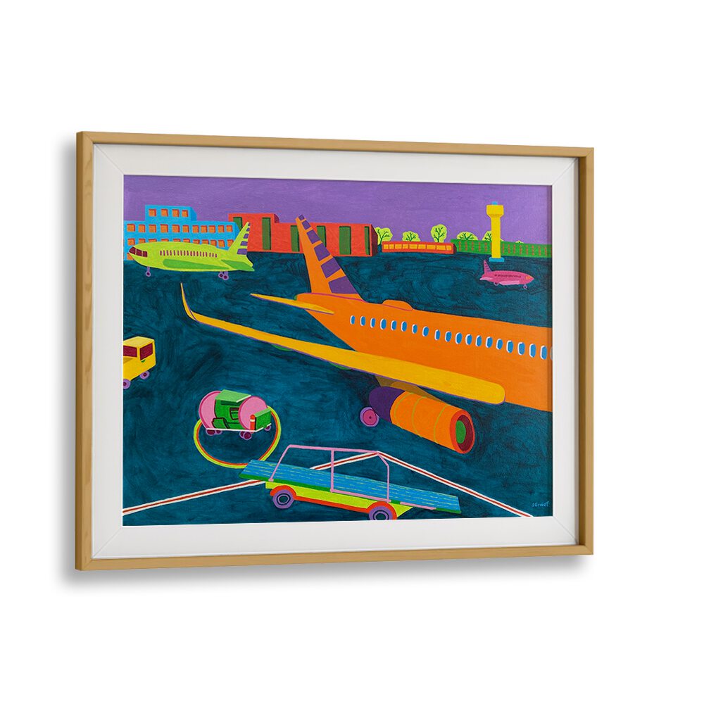 airport landscape art prints in Oak Wood Frame With Mount