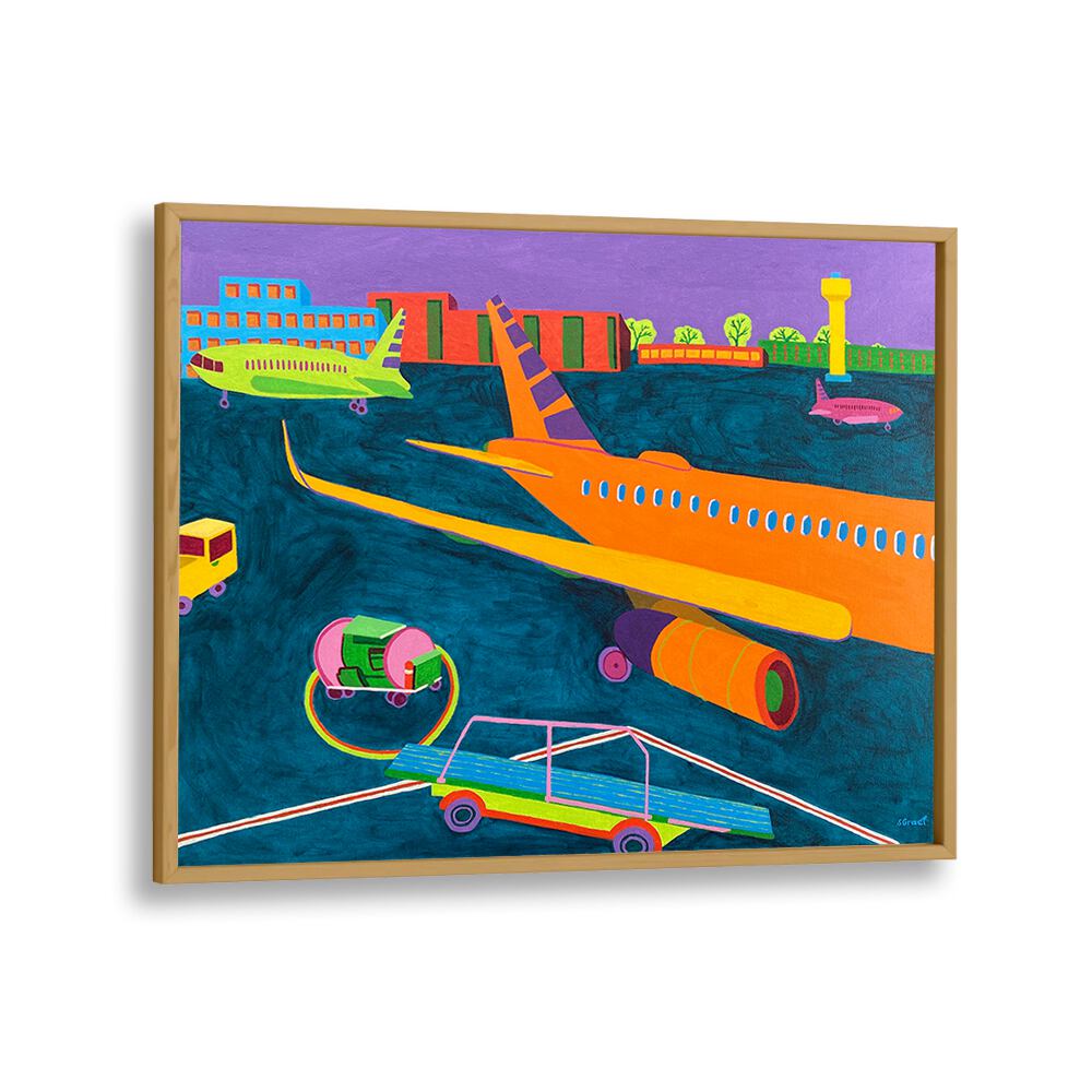airport landscape art prints in Oak Wood Plain Frame