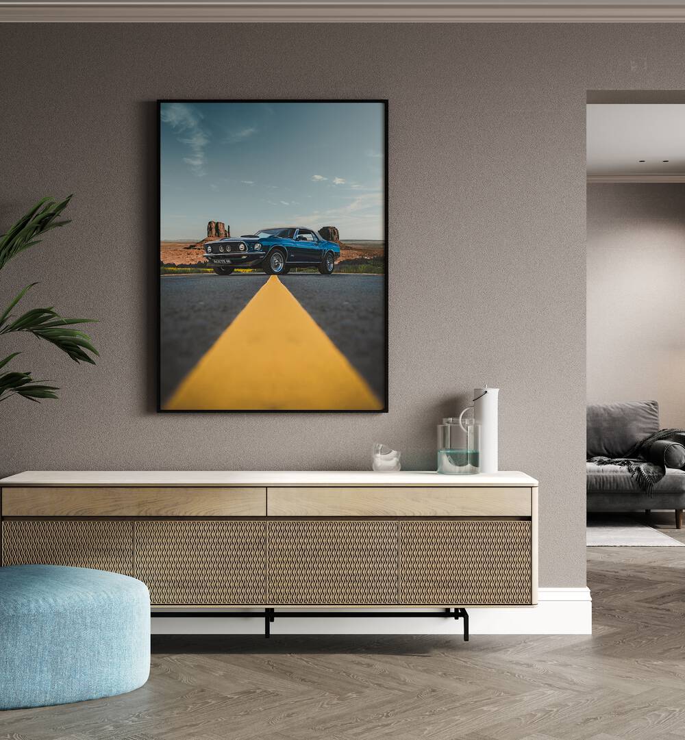 american horsepower car poster Artwork I placed on a Wall above a Wooden Cabinet