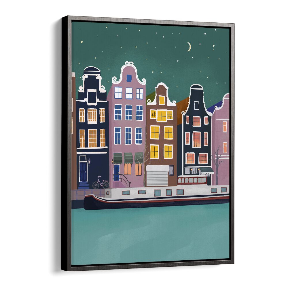 amsterdam by night by petra lidze kids room paintings in Black Floater Frame