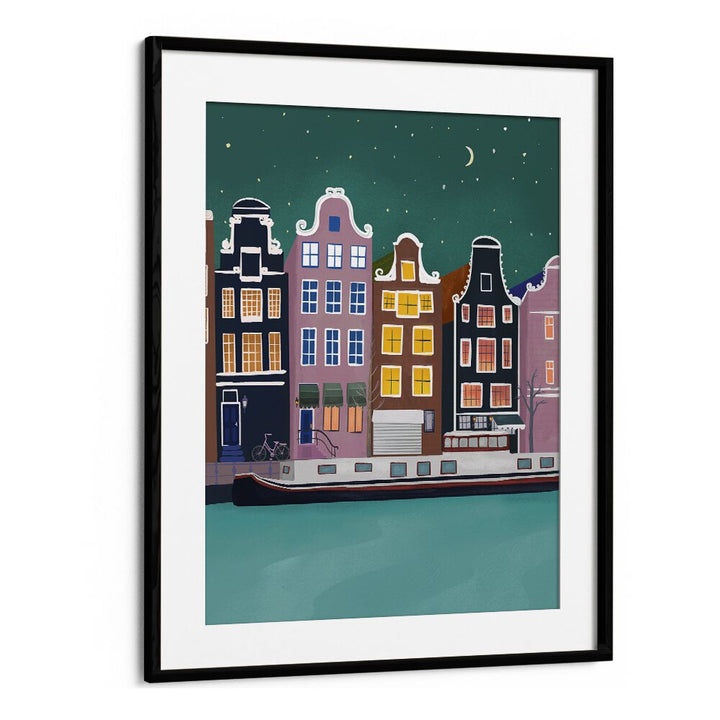 amsterdam by night by petra lidze kids room paintings in Black Frame With Mount