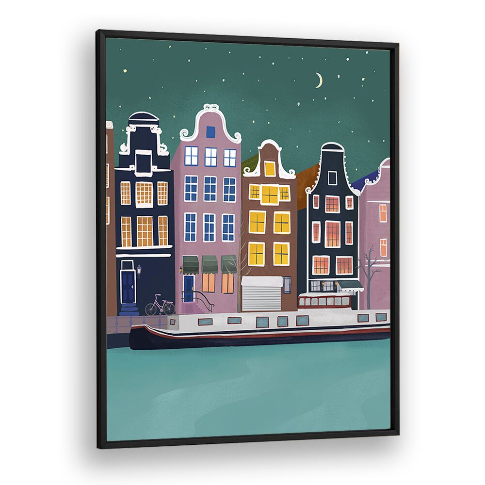 amsterdam by night by petra lidze kids room paintings in Black Plain Frame