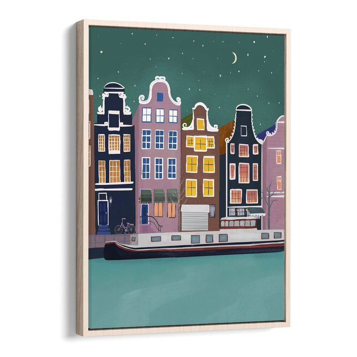 amsterdam by night by petra lidze kids room paintings in Oak Wood Floater Frame