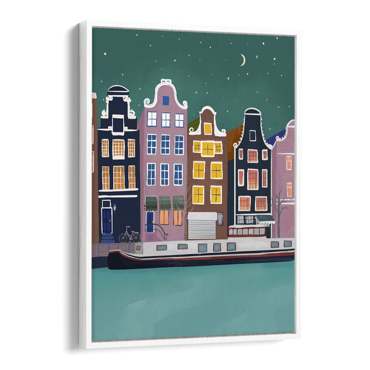 amsterdam by night by petra lidze kids room paintings in White Floater Frame