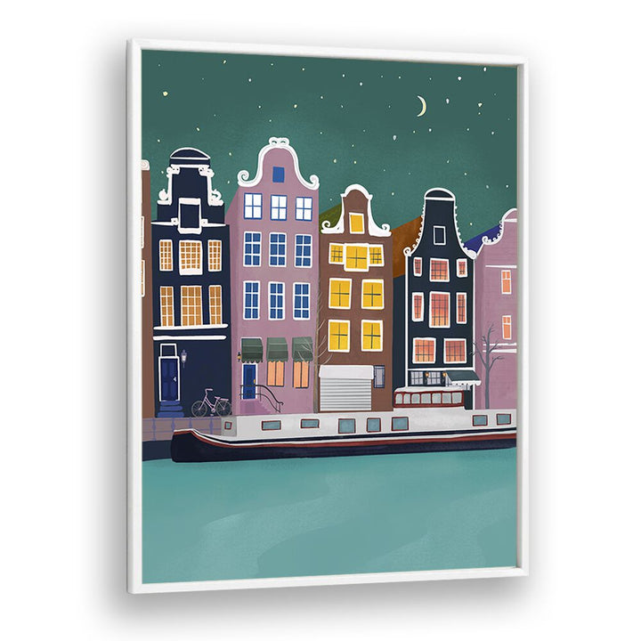 amsterdam by night by petra lidze kids room paintings in White Plain Frame