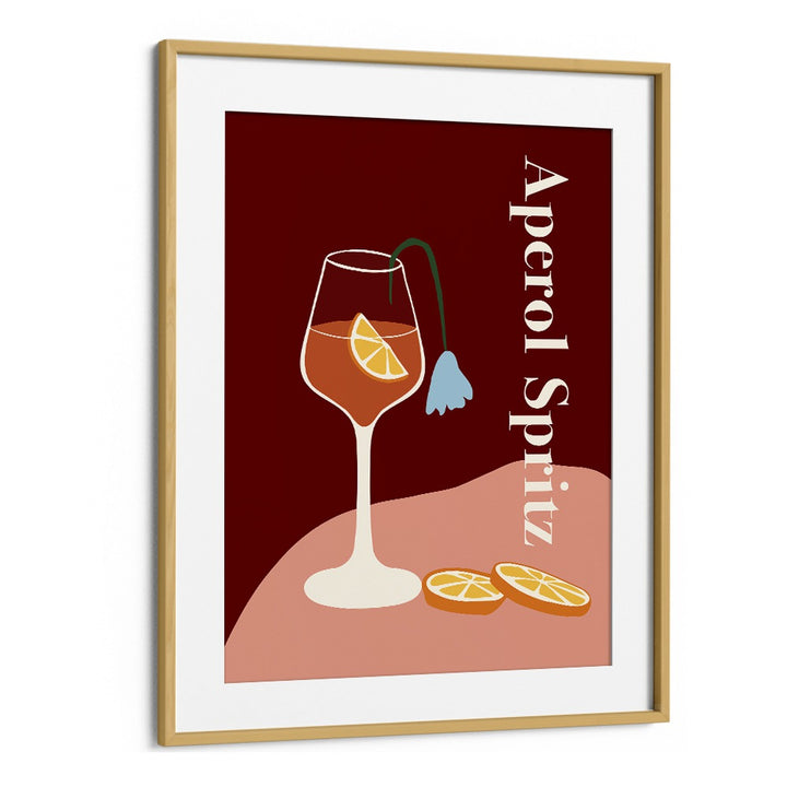 aperol spritz  by miho art studio bar art prints in Oak Wood Frame With Mount