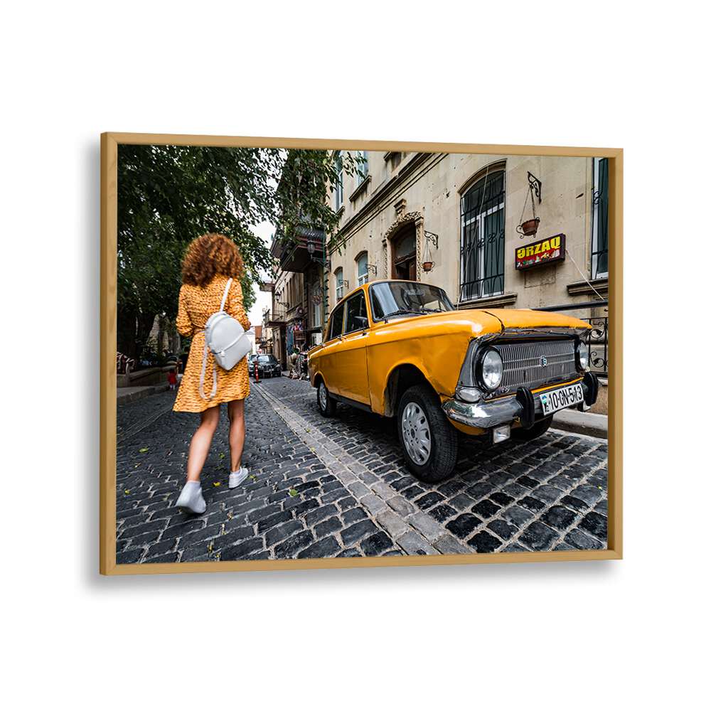 baku city car poster in Oak Wood Plain Frame