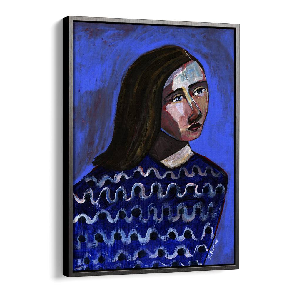 Vintage painting - WOMAN IN BLUE SWEATER NAIVE PORTRAIT FIGURATIVE II by Asianmonk