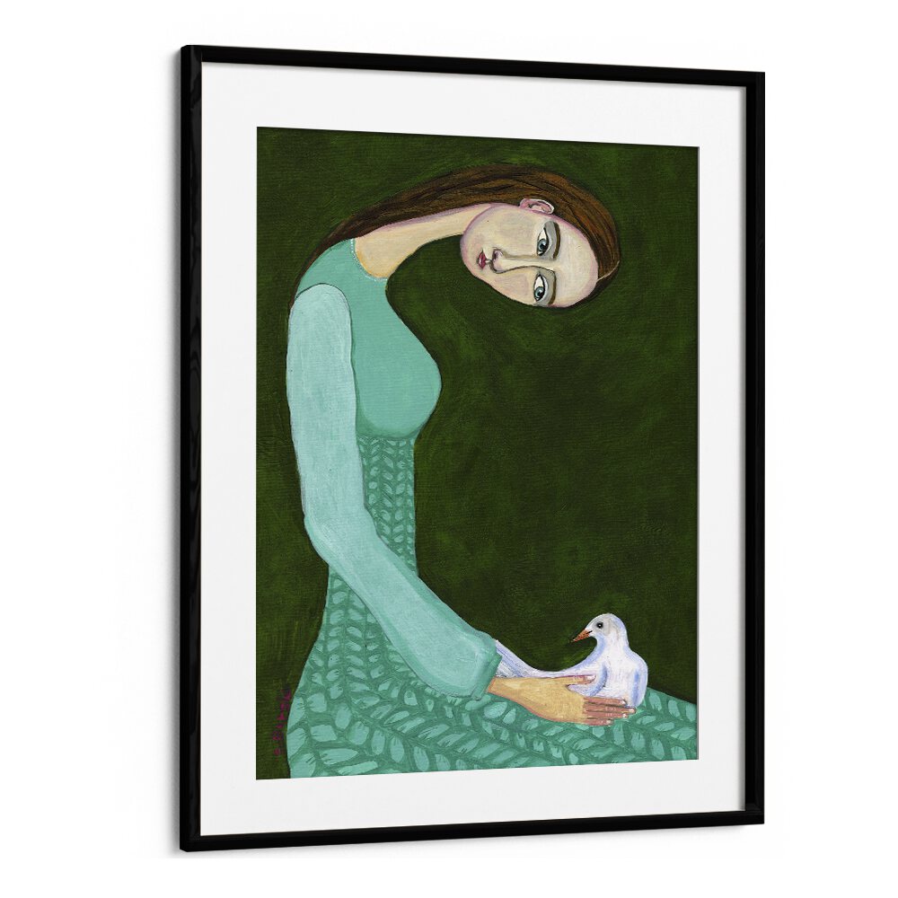 Vintage painting - LADY SITTING WITH WHITE DOVE BIRD WOMAN by Asianmonk