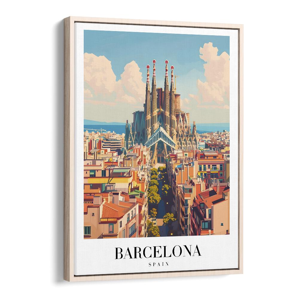 barcelona-spain travel posters in Oak Wood Floater Frame 