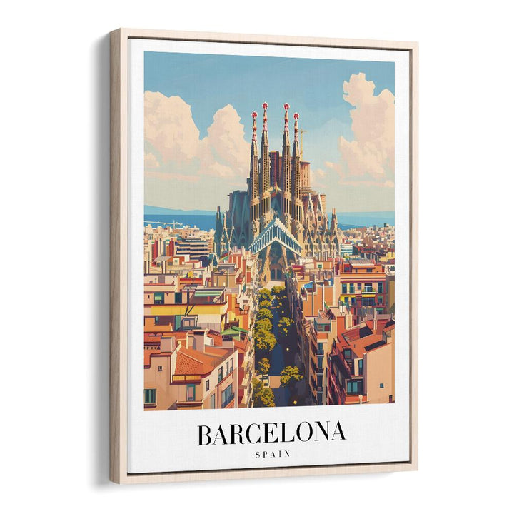 barcelona-spain travel posters in Oak Wood Floater Frame 