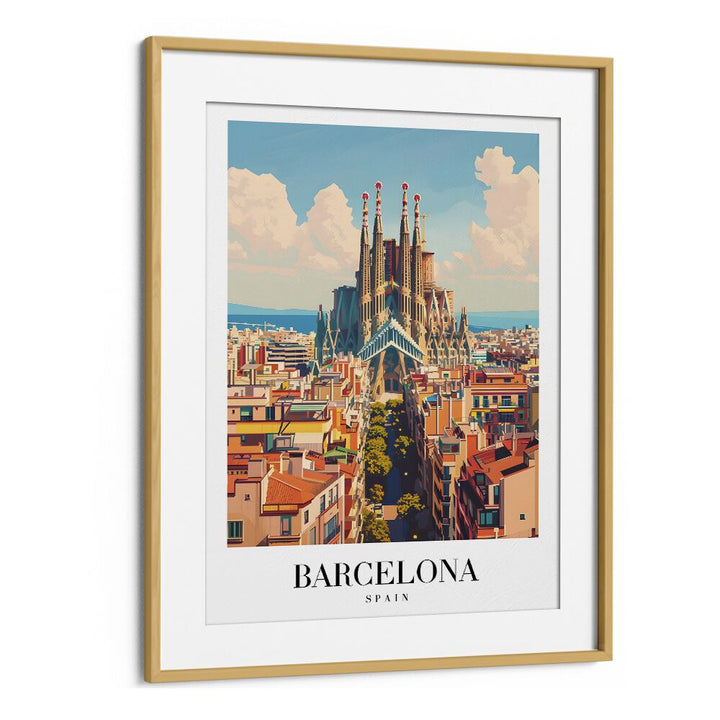 barcelona-spain travel posters in Oak Wood Frame With Mount