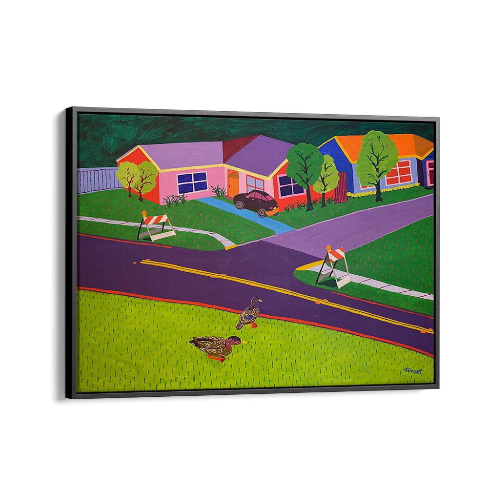 barricades and ducks landscape art prints in Black Floater Frame