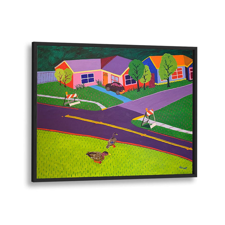 barricades and ducks landscape art prints in Black Plain Frame
