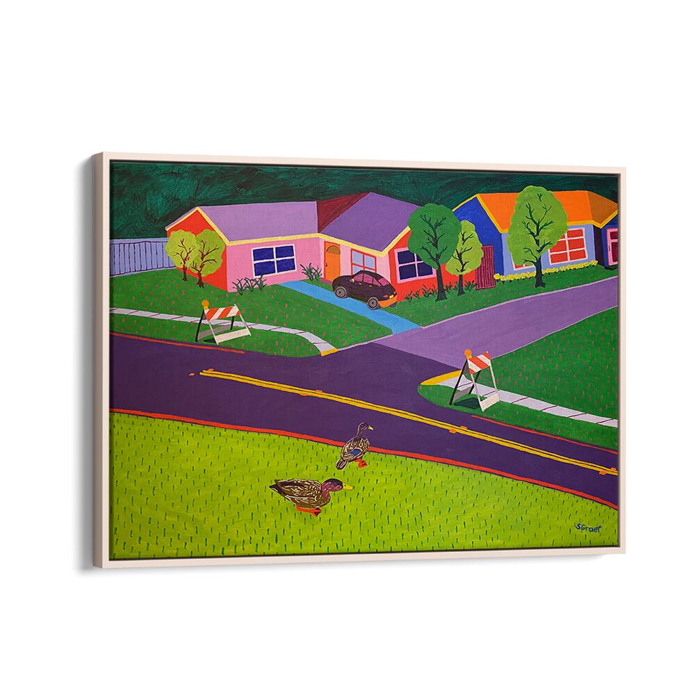 barricades and ducks landscape art prints in Oak Wood Floater Frame