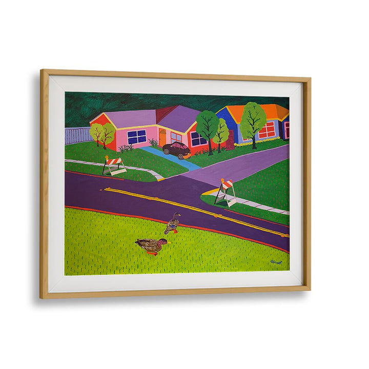 barricades and ducks landscape art prints in Oak Wood Frame With Mount